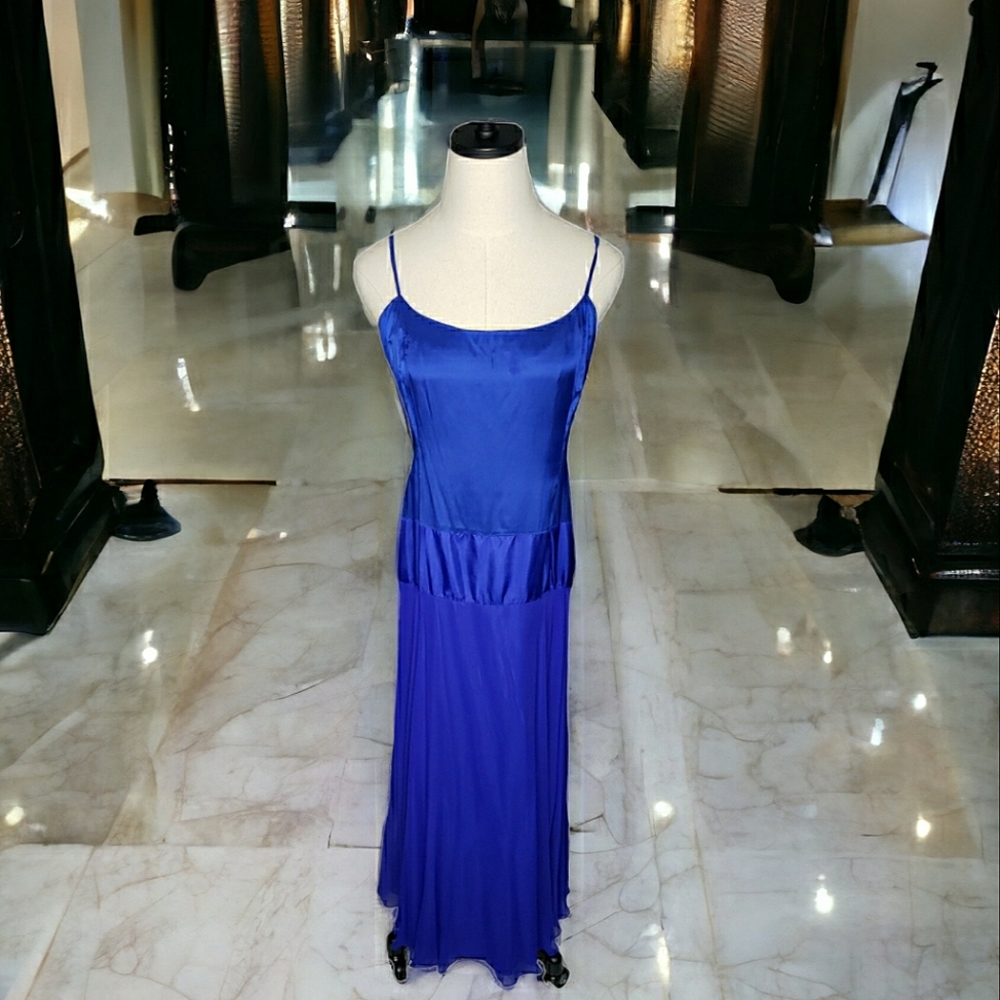 Vtg Maxi Slip Dress Flowy Royal Blue Silk Y2K Pixi Fairy Crepe Sheer Satin Event - Picture 5 of 15